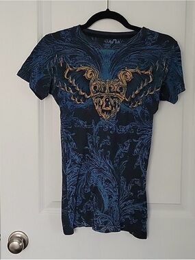 Sinful by Affliction Black & Blue Graphic Skull Wing Tee